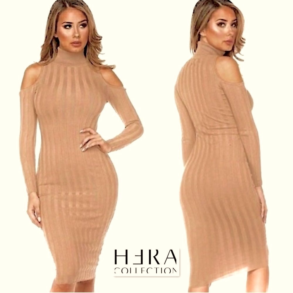 HERA Collection Ribbed Cold Shoulder Midi Knit Dress S Tan Beige Stretch Bodycon - Picture 3 of 10
